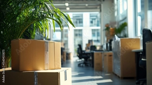 Obraz A bright and spacious office environment showcasing stacked cardboard boxes and lush greenery, reflecting a productive workspace ideal for businesses seeking organization.