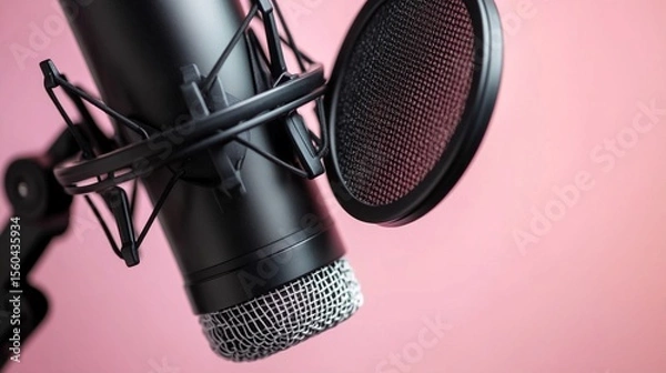 Obraz Close-up of a professional microphone and pop filter set against a soft pink background, perfect for music, podcasts, and audio production needs that inspire creativity.