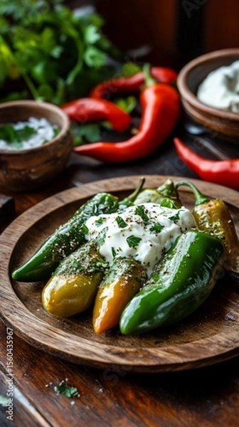 Obraz Deliciously plated colorful peppers topped with creamy sauce and herbs, surrounded by fresh ingredients, perfect for culinary blogs, recipes, and food magazines to entice viewers.