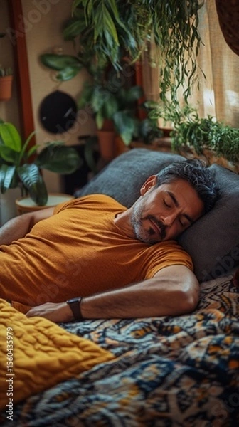 Obraz Cozy indoor scene featuring a man peacefully sleeping on a bed adorned with vibrant textiles, surrounded by lush greenery, embodying tranquility and relaxation in a natural setting.