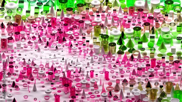Obraz 3d render of abstract art surreal 3d background based on geometric figures, particles as torus rings spheres balls cones cubes boxes cylinders in glass plastic and silver metal materials on white back