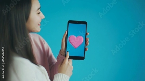 Obraz A young woman happily shows a smartphone with a pink heart icon on the screen, symbolizing love and connection in a modern digital age.