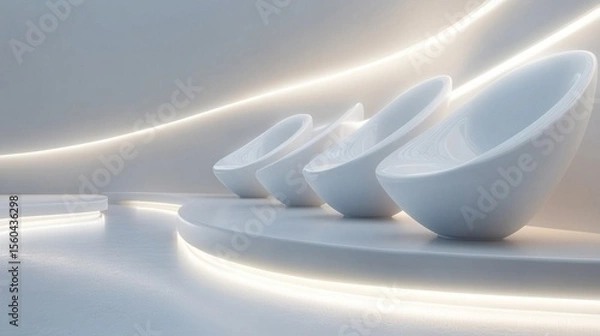 Obraz Minimalist design featuring sleek, modern white seating elements illuminated by soft, ambient lighting, creating a serene atmosphere in a contemporary setting.
