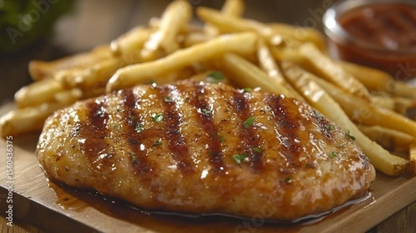 Obraz Deliciously grilled chicken breast served with crispy golden fries and a side of rich dipping sauce, perfect for an appetizing meal or a food photography showcase.