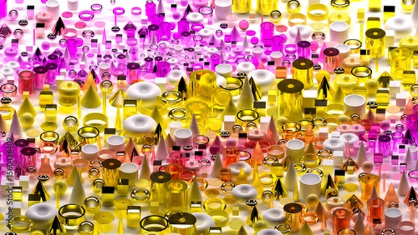 Obraz 3d render of abstract art surreal 3d background based on geometric figures, particles as torus rings spheres balls cones cubes boxes cylinders in glass plastic and silver metal materials on white back