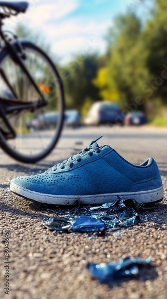 Obraz A close-up shot of a stylish blue sneaker resting on a gravel road, with fragments of shiny foil scattered nearby and a bicycle partially visible in the background.
