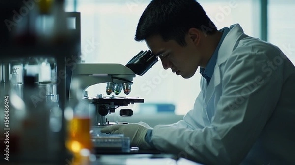 Obraz Scientist examining samples under a microscope in a laboratory setting, showcasing dedication to research and development in modern science, innovation, and technology.