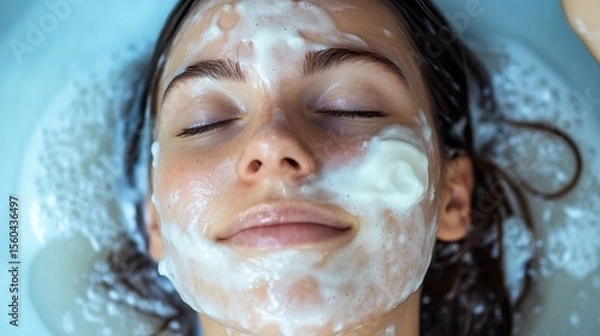 Obraz A serene close-up of a young person enjoying a facial treatment, highlighting the soothing bubbles and cream on their skin, evoking a sense of relaxation and self-care.