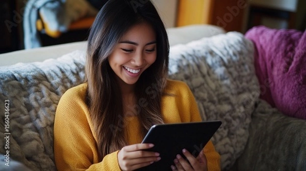 Obraz A young woman relaxes on a cozy couch, engaging with her tablet, exuding warmth and happiness in a comfortable living space illuminated by soft light.