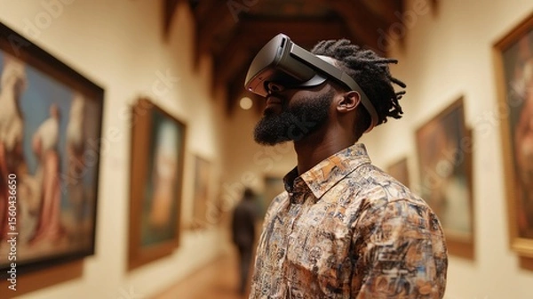 Obraz A man wearing a virtual reality headset explores an art gallery, immersed in a blend of technology and culture, surrounded by stunning artwork displayed on the walls.