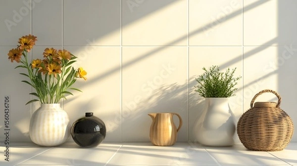 Obraz Captivating arrangement of vases and potted plants, illuminated by soft natural light, perfect for enhancing any interior space or home decor visual project.