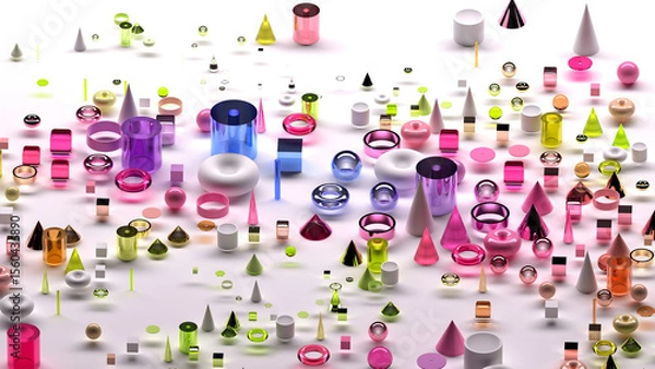 Obraz 3d render of abstract art surreal 3d background based on geometric figures, particles as torus rings spheres balls cones cubes boxes cylinders in glass plastic and silver metal materials on white back