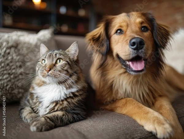 Fototapeta Two pets, a cat and a dog, relaxing together on a sofa in a cozy living room 