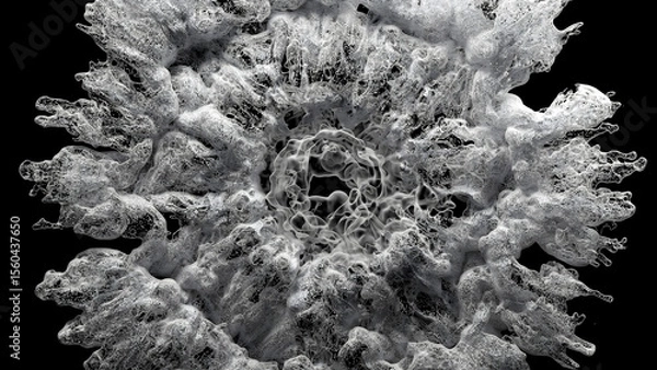 Obraz 3d render of art, black and white monochrome, surreal video with abstract liquid substance in explosion process based on small dust balls spheres particles with plastic material on black background