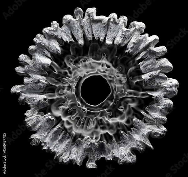 Obraz 3d render of art, black and white monochrome, surreal with abstract liquid substance in explosion process based on small dust balls spheres particles with plastic material on black background