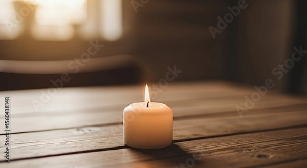 Obraz Burning Candle on Wooden Table Creating Warm and Peaceful Atmosphere