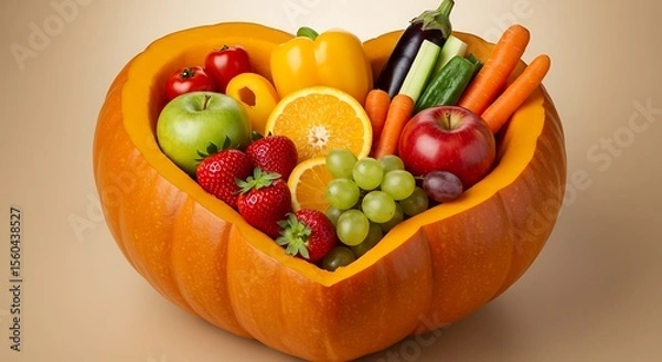 Fototapeta A heart-shaped pumpkin overflows with a variety of fresh, colorful fruits and vegetables.
