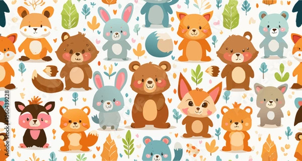 Fototapeta Seamless vector pattern with adorable cartoon animals, including bears, rabbits, and foxes