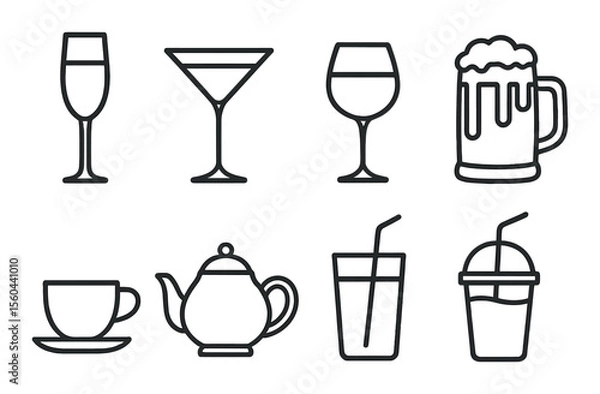 Fototapeta Festive drink line icons set – minimal, beverage and cocktail outline symbols