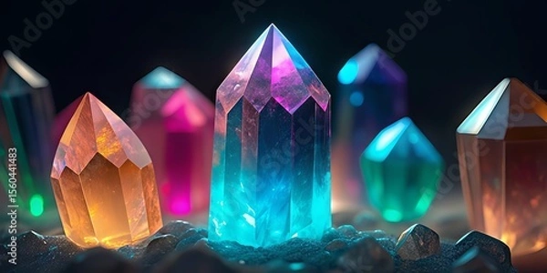 Fototapeta Colorful, glowing crystals of various shapes and sizes shine brightly against a dark background, creating a magical and vibrant scene.