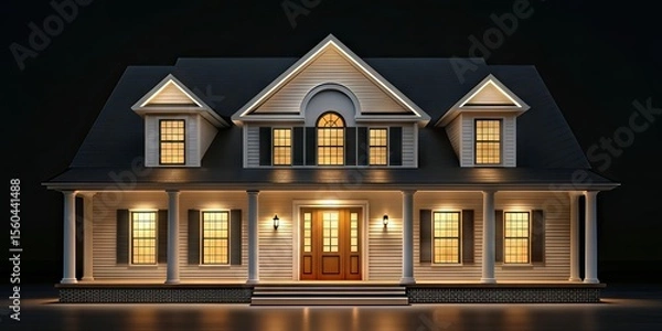 Fototapeta A well-lit, elegant two-story house with large windows and a welcoming wooden door, set against a dark background at night.