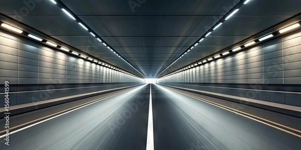 Fototapeta A futuristic, symmetrical tunnel with illuminated walls and a smooth road leading to a bright vanishing point.