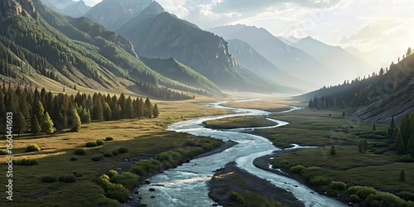 Fototapeta A winding river flows through a lush valley surrounded by tall pine trees and towering mountain ranges under a partly cloudy sky.