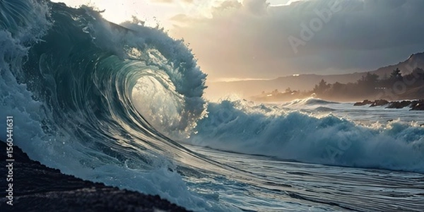Fototapeta A large, powerful ocean wave curls near a rocky shore with sunlight breaking through clouds in the background.