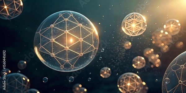 Fototapeta Transparent spheres with intricate geometric network patterns glow softly against a dark, starry background, evoking futuristic technology and connectedness.