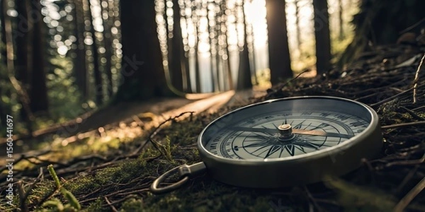 Fototapeta A compass rests on the forest floor amidst moss and pine needles, with tall trees and soft sunlight in the background creating a serene woodland scene.