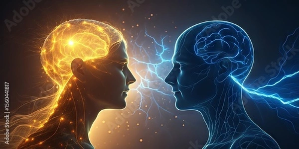 Fototapeta Two human profiles with glowing neural networks, one in warm yellow and the other in cool blue, symbolizing brain activity and communication.
