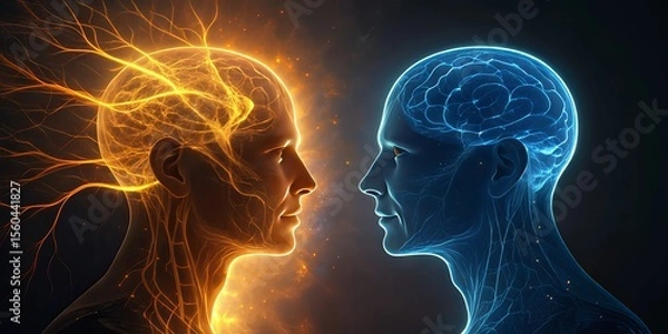 Fototapeta Two human profiles face each other, one glowing with fiery orange neural patterns, the other with cool blue brain circuitry, symbolizing contrasting mental states or energies.