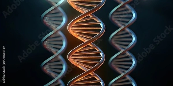 Fototapeta A digital illustration of DNA double helixes, highlighting the complex molecular structure with glowing and metallic effects.