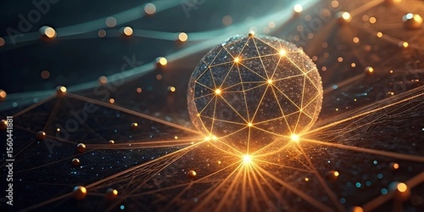 Fototapeta A futuristic glowing sphere connected by a network of lines and nodes, representing digital data, technology, or interconnected systems in a high-tech environment.