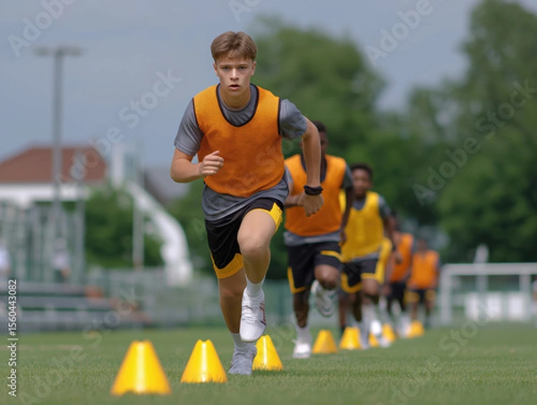 Obraz Young athlete in orange training vest sprints on a grassy field, focused on improving speed and agility during a practice session with teammates in the background
