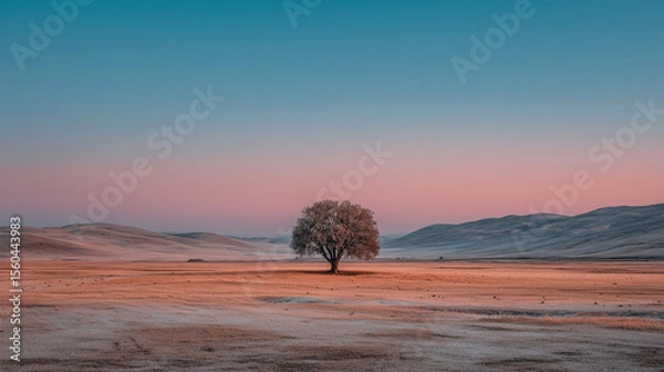 Fototapeta Minimalist Landscape of a Tree in an Open Meadow on a Sunny Day