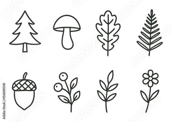 Fototapeta Forest nature icon set – linear, simple and minimalist woodland symbols collection