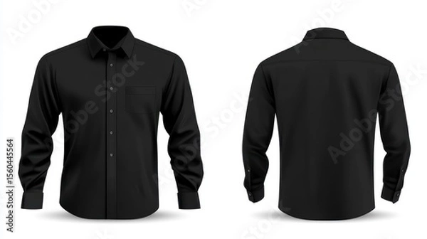 Obraz Black long sleeve shirt, front and back view, isolated on white background.