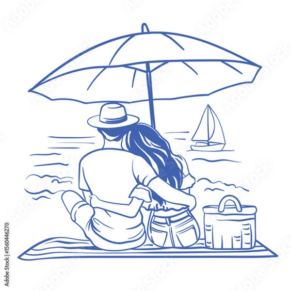 Obraz Romantic vector illustration of a couple sitting under a beach umbrella, hugging and watching the sea with a sailboat in the distance. Summer vacation, love. Girl and Guy on the Coast of Italy