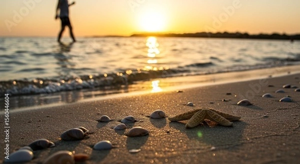 Fototapeta Golden hour beach scene with seashells, starfish and a person walking in the shallow water.