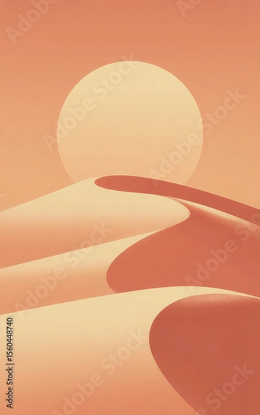 Obraz Abstract Desert Landscape with Rolling Sand Dunes and a Large Sun in a Calm Sunset