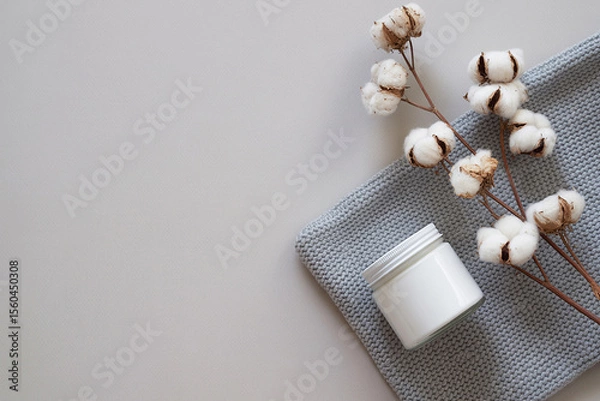 Obraz Blank White Cosmetic Jar on Gray Knit Fabric with Cotton Branch for Branding Mockup