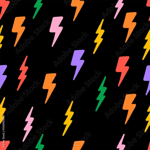Fototapeta Trendy Colorful Thunderbolt Seamless Pattern isolated on black background. for fabric, textiles, clothing, wrapping paper, cover, banner, home decor, abstract backgrounds. Vector illustration.