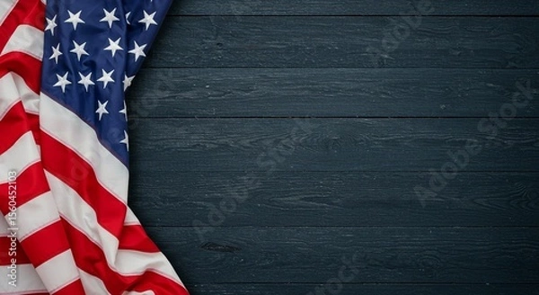 Fototapeta An arrangement of an americana flag draped across a rustic, dark-stained wooden surface.