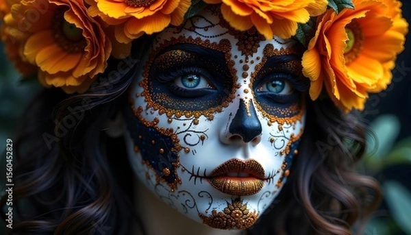 Obraz  A mesmerizing close-up of a woman adorned in intricate Day of the Dead (Día de los Muertos) skull makeup, featuring vibrant orange marigolds, delicate beadwork, and striking blue eyes against a dark 