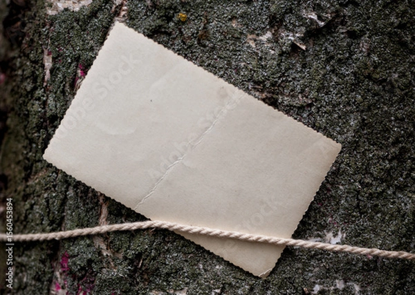 Obraz Vintage empty paper with rope on the old wooden bark texture of the tree