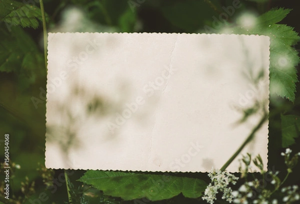 Obraz Vintage empty paper lies on green leaves of a plant, creating a rustic and natural background. The weathered sheet blends with botanical foliage