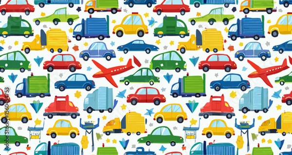 Fototapeta Seamless kids’ vector pattern with colorful cars, trucks, airplanes and construction vehicle
