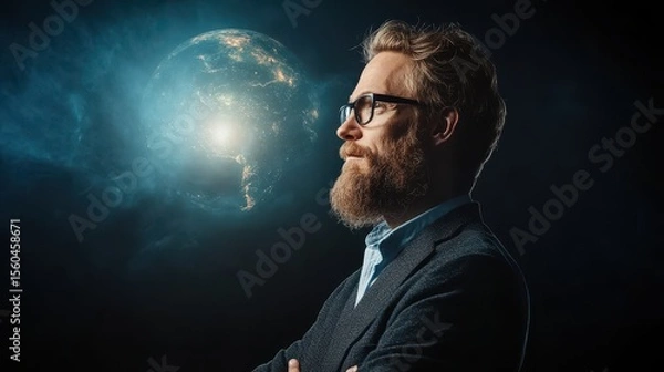 Fototapeta A thoughtful man with glasses looks at a glowing digital Earth in a dark, futuristic setting.