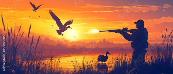 Fototapeta A hunter aims at flying ducks during a vibrant sunset in a scenic landscape, a powerful wildlife hunting scene near the tranquil lake.